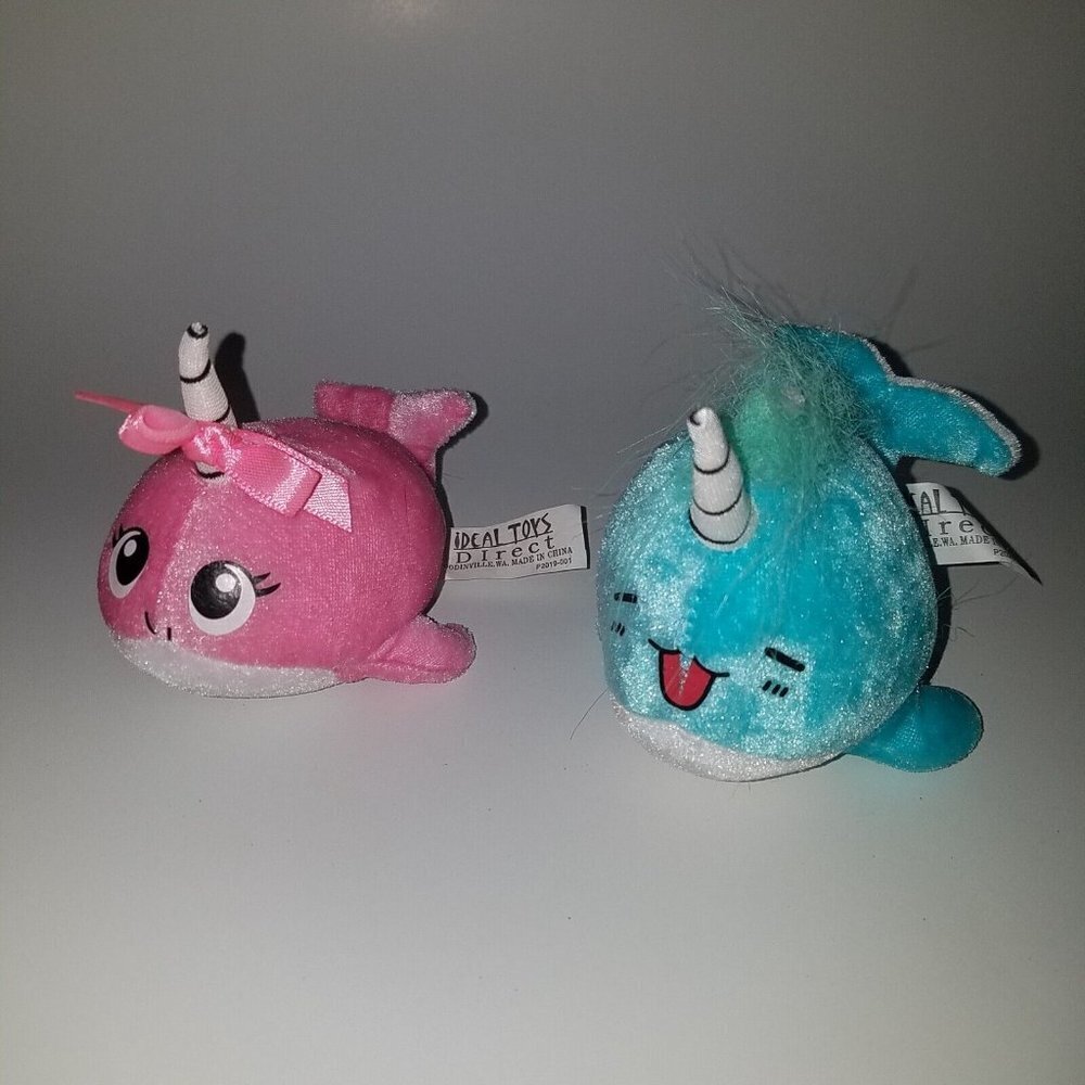 2 Narwhal Plush Lot Blue Pink Ocean Stuffed Animal Lot Ideal Toy Direct Small 4"
